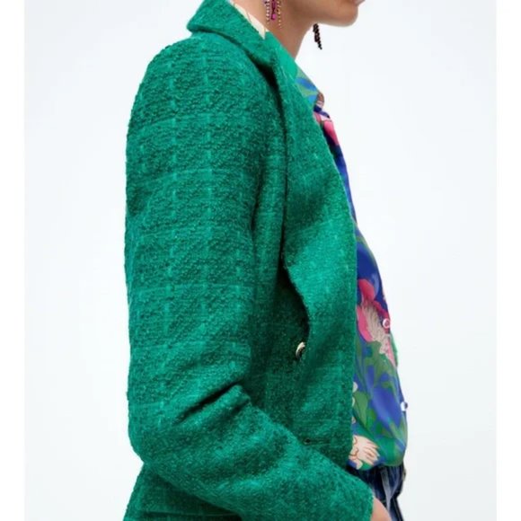 ZARA Balmain Style Double Breasted Blazer Textured Green - Picture 9 of 15